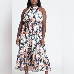 Eloquii Floral Halter Maxi Dress in Navy, Peach & White